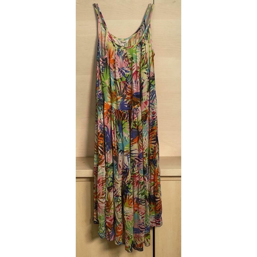 Steve Madden Joann Golden Palm Tiered Spaghetti Strap Midi Dress Women's L NEW